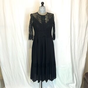 Zara Black dress Lace top pleated skirt. Sheer back 3/4 sleeves midi formal S